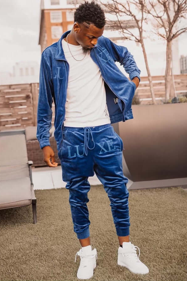 Blue velour LUXE two-piece tracksuit with matching jacket and joggers