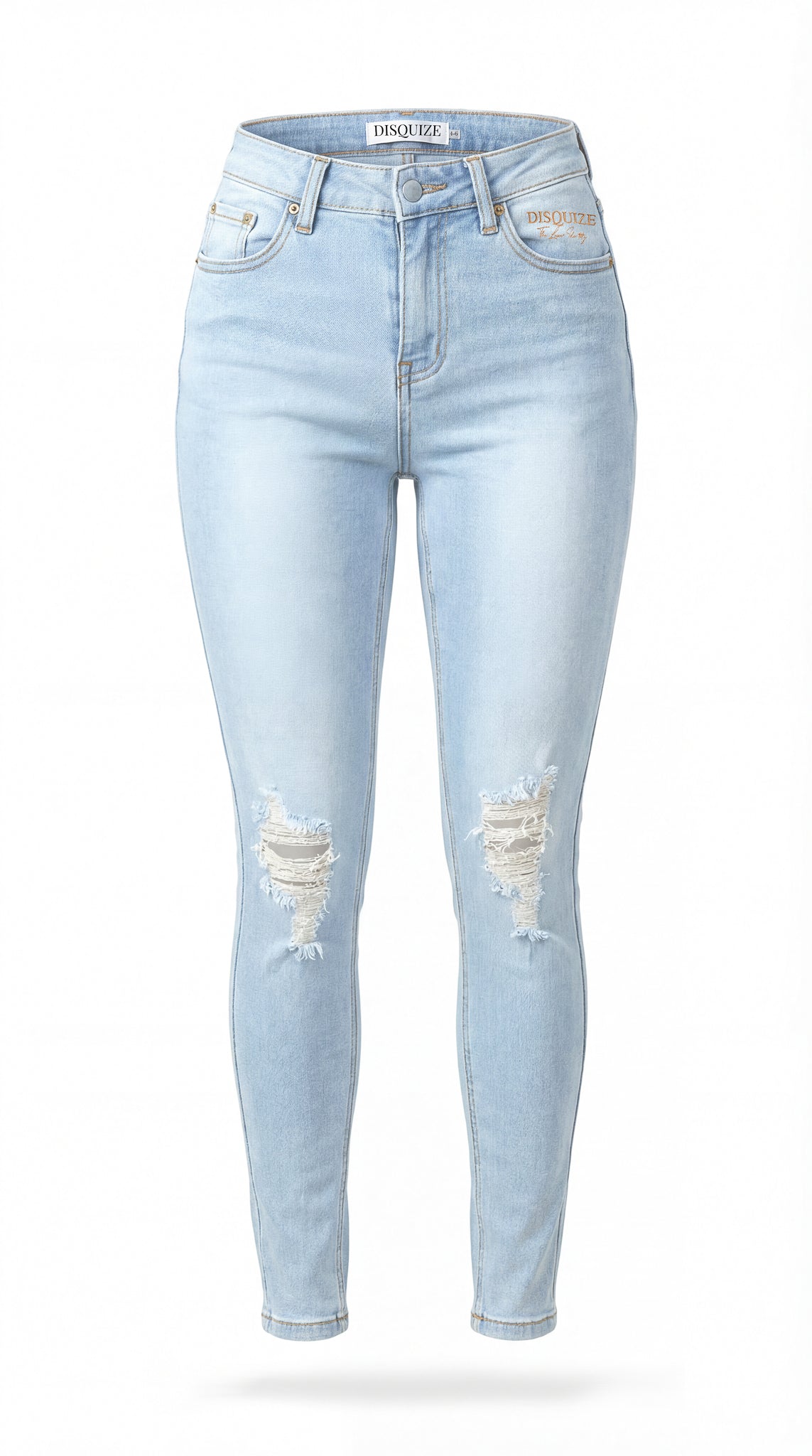 Women's light wash distressed LUXE denim jeans with tailored fit