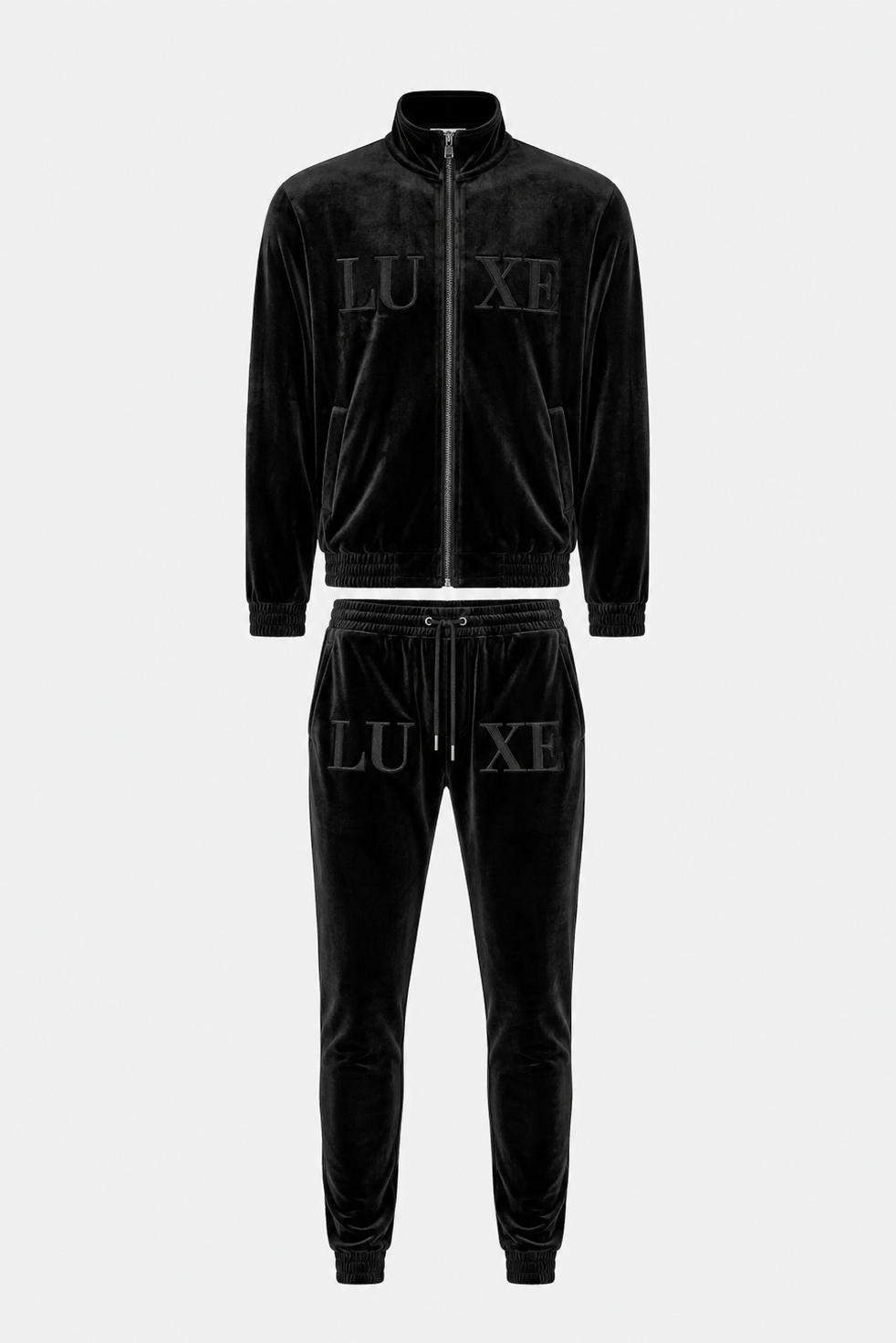 Black velour tracksuit featuring matching sweatshirt and joggers