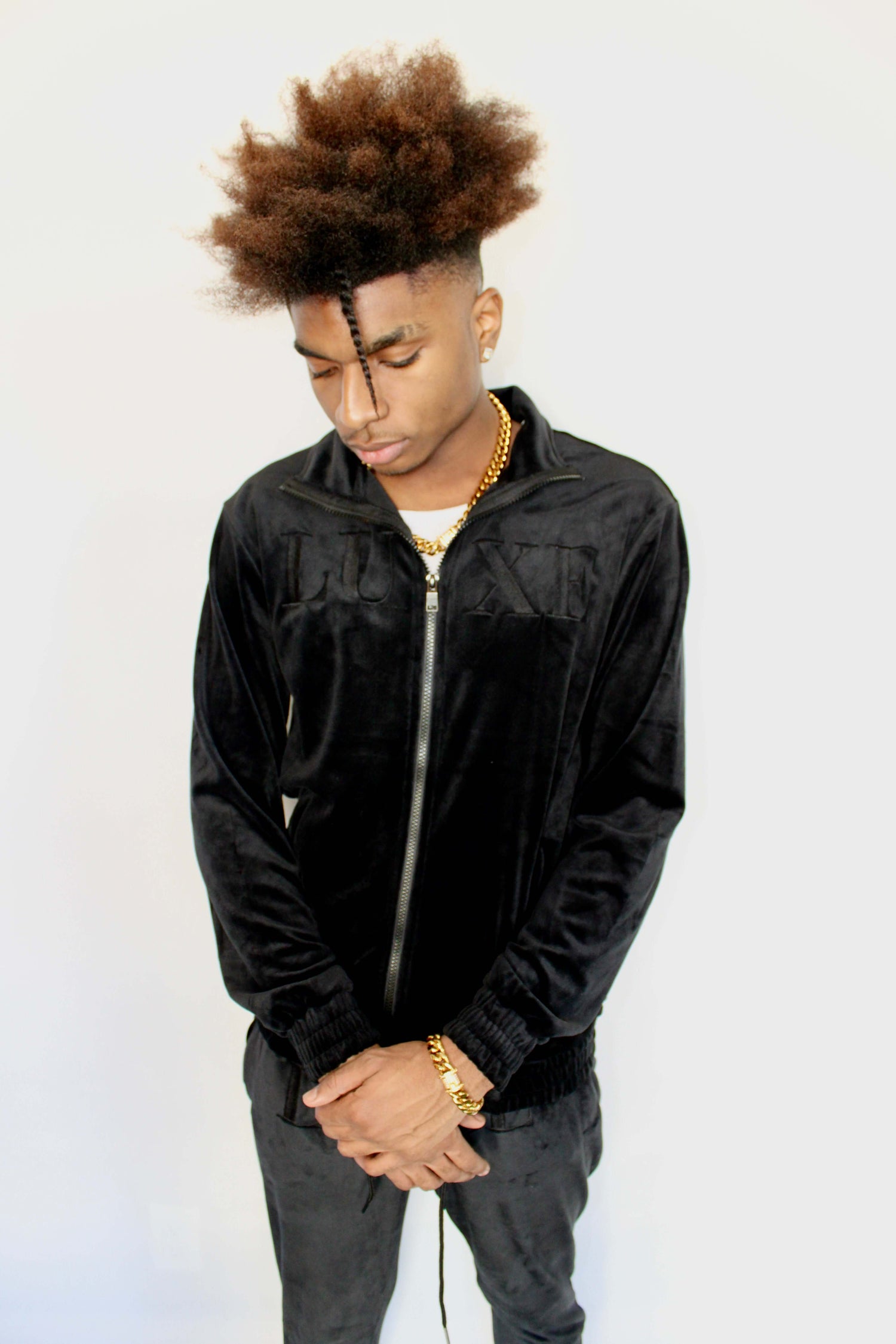 Black Velour Track Set  Luxury Style & All-Day Comfort model wearing stylish outfit.