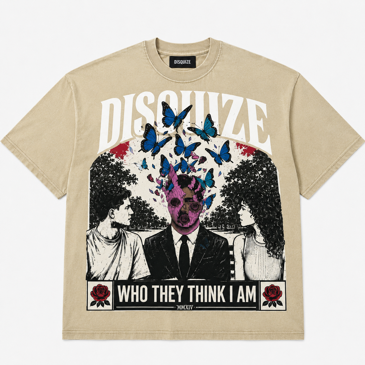 A beige short-sleeve graphic t-shirt featuring a surreal print with the word 'DISSQUIZE', blue butterflies, a skull-headed figure in a suit, and the text 'WHO THEY THINK I AM' with 'MØRT' below, displayed flat against a light gray background.