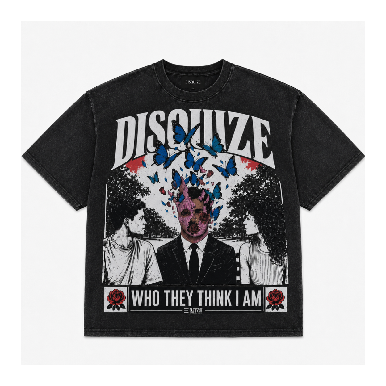 A black acid-wash graphic t-shirt featuring a collage print with the word 'DISQUIZE' in large white letters, blue butterflies, a man in a suit, and the text 'WHO THEY THINK I AM' with red roses.