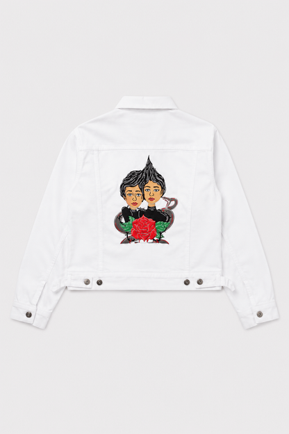 White denim jacket with artistic graphic design on the back