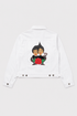 White denim jacket with artistic graphic design on the back