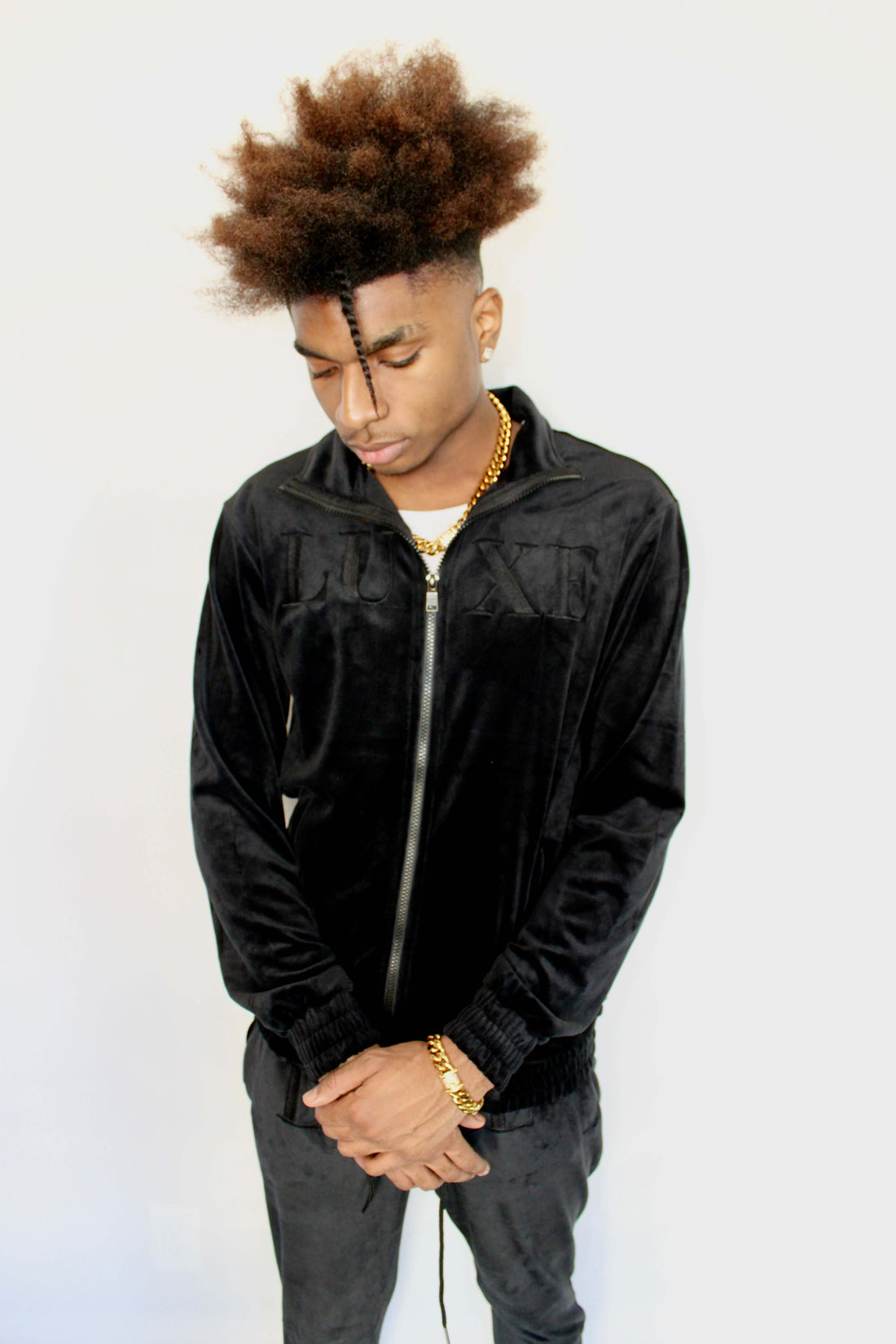 Black Velour Track Set  Luxury Style &amp; All-Day Comfort model wearing stylish outfit.