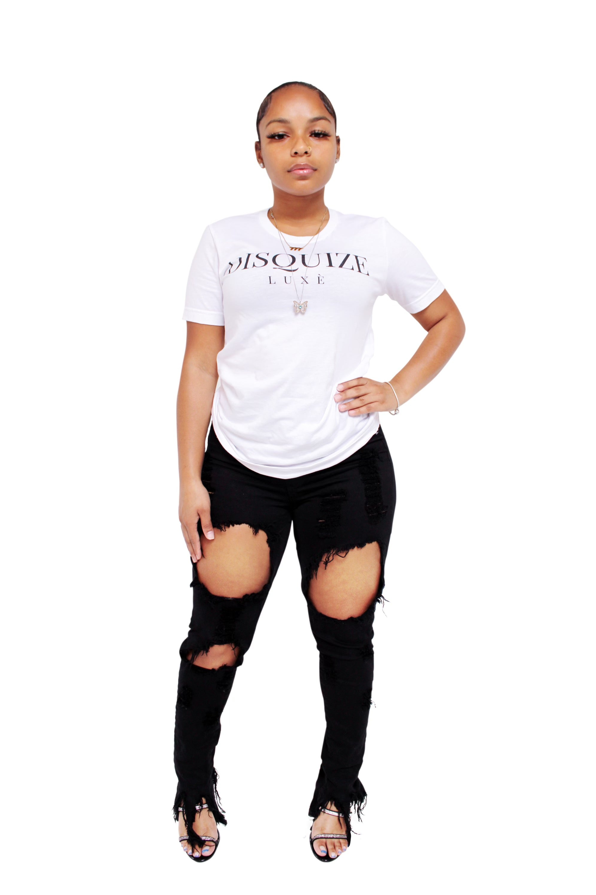 White DISQUIZE LUXE logo t-shirt with minimalist design